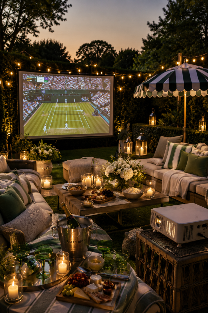 Luxury Wimbledon-inspired outdoor watch party with striped umbrellas, outdoor projector, green cushions, lantern lighting, and elegant summer hosting aesthetic.