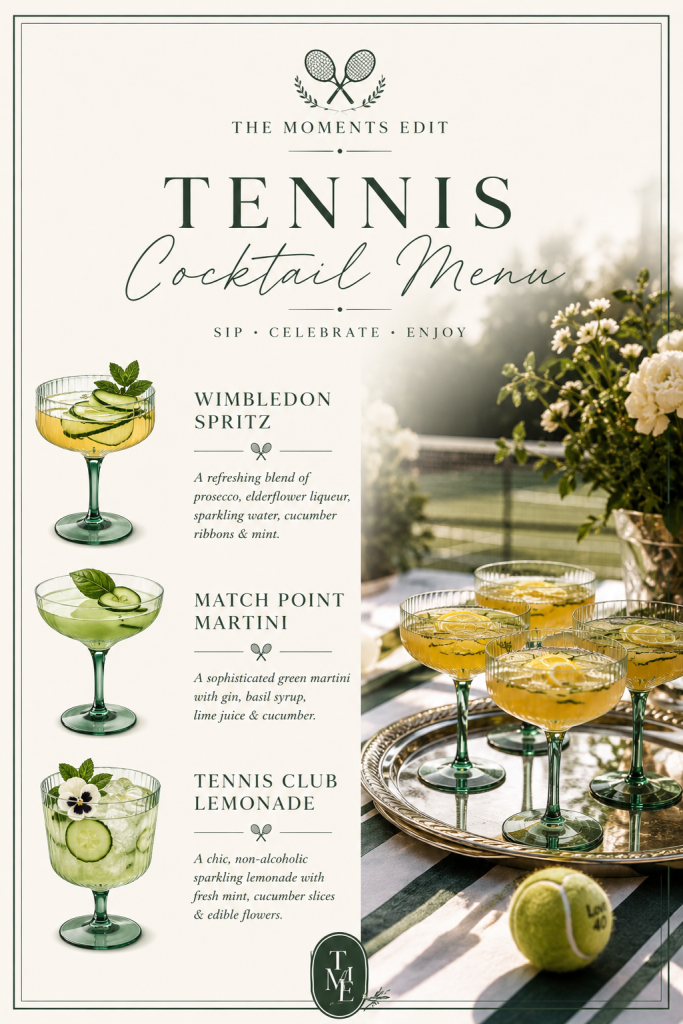 Wimbledon SpritzA refreshing mix of:proseccoelderflower liqueursparkling watercucumber ribbonsmint garnishMatch Point MartiniA sophisticated green cocktail featuring:ginbasil syruplime juicecucumberTennis Club LemonadeA chic non-alcoholic option with:sparkling lemonadefresh mintcucumber slicesedible flowers